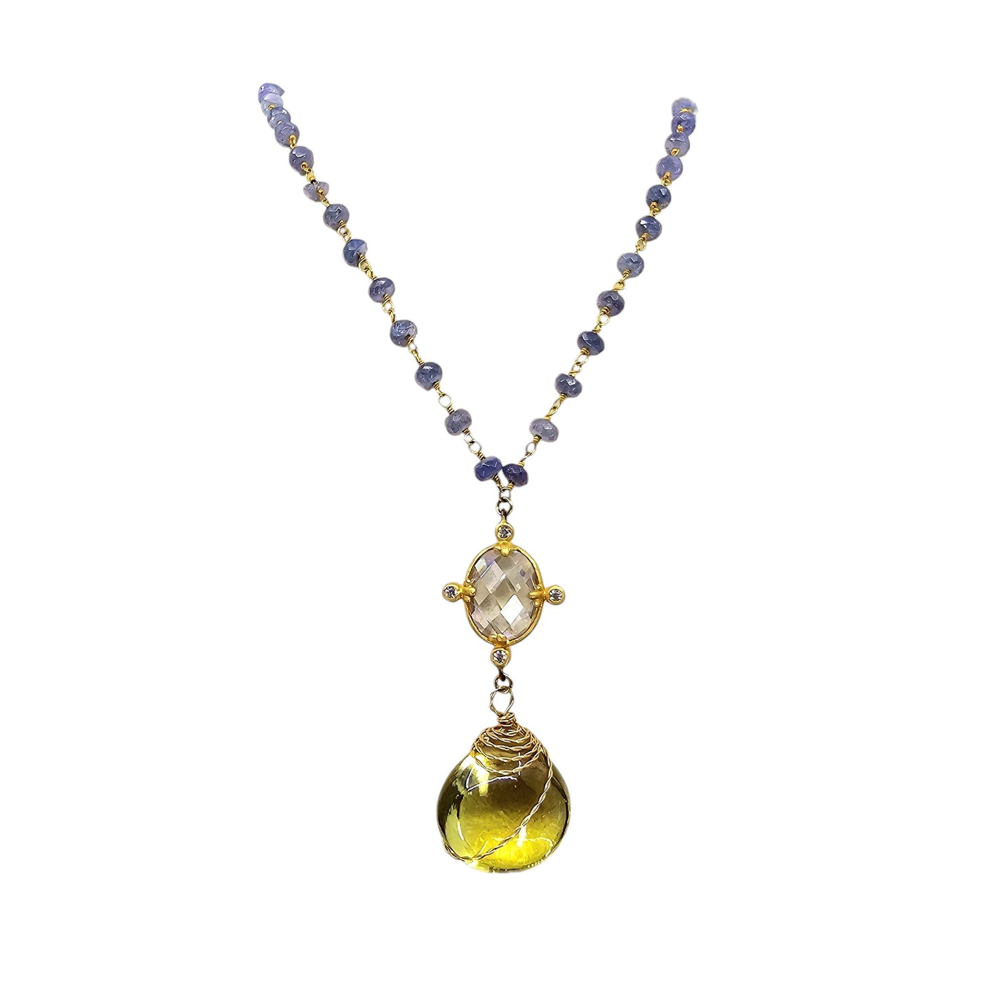 "Lavender Lemonade" 26 Carat Lemon Quartz and Tanzanite Necklace.