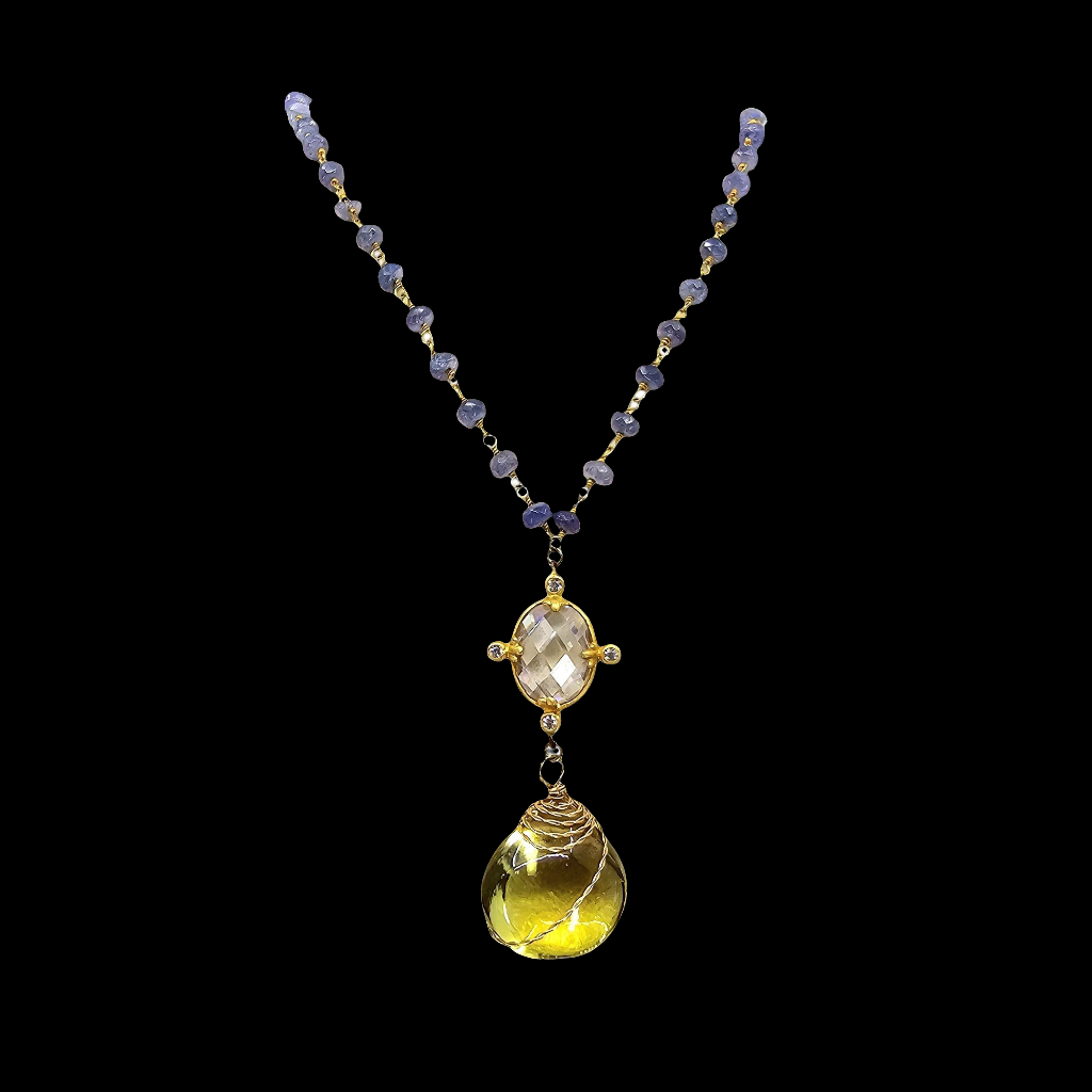 "Lavender Lemonade" 26 Carat Lemon Quartz and Tanzanite Necklace.