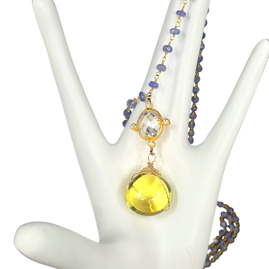 "Lavender Lemonade" 26 Carat Lemon Quartz and Tanzanite Necklace.