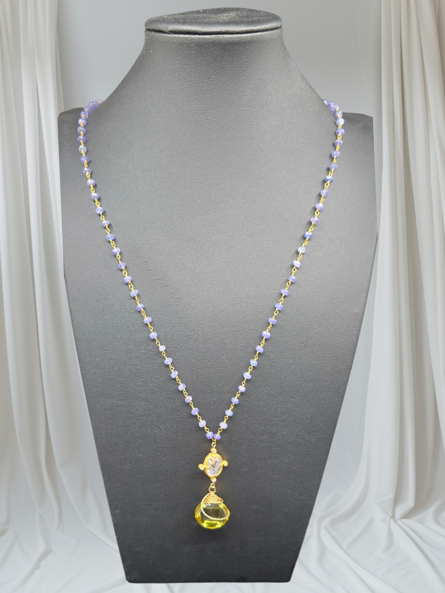 "Lavender Lemonade" 26 Carat Lemon Quartz and Tanzanite Necklace.